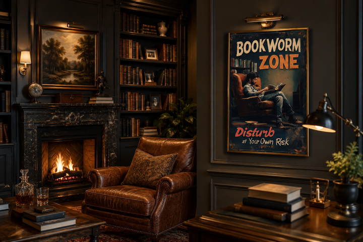 Vintage-style Bookworm Zone canvas print hanging in a dark, cozy library with a leather armchair.