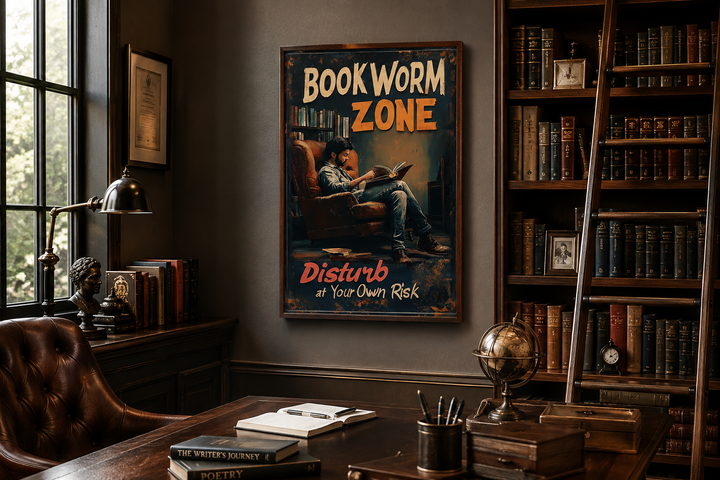 Vintage-style Bookworm Zone canvas print hanging in a dark wood library above a desk.