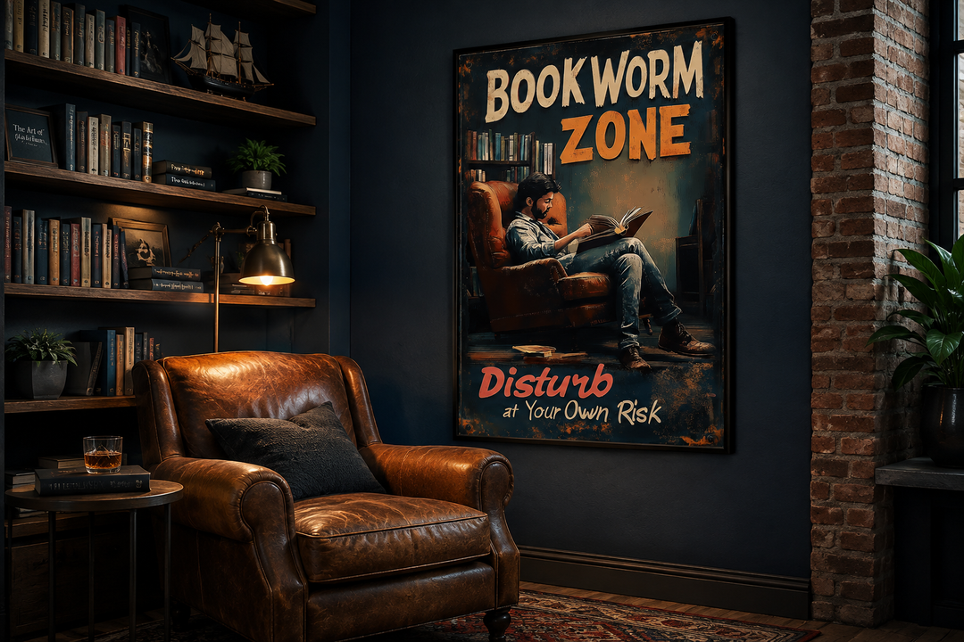 Vintage-style Bookworm Zone canvas print hanging in a cozy library with a leather armchair.