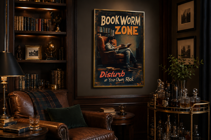 Vintage-style Bookworm Zone canvas print hanging in a dark, cozy library with leather armchairs.