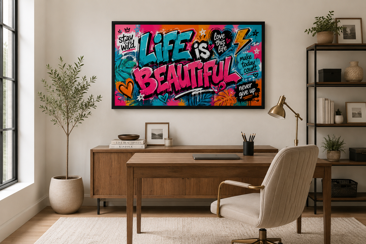 Life Is Beautiful graffiti framed canvas wall art in a modern office above a wooden desk.