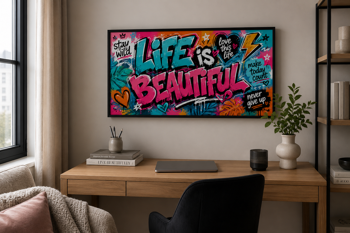 Life Is Beautiful graffiti framed canvas wall art above a desk in a modern home office.