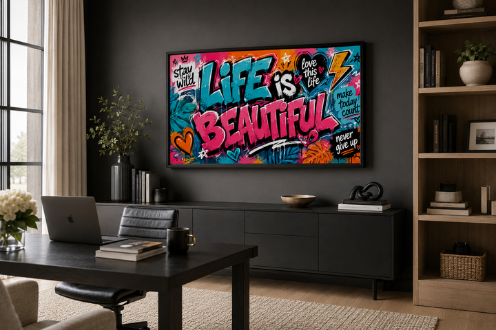 Life Is Beautiful graffiti framed canvas wall art in a modern black office with a desk and laptop.
