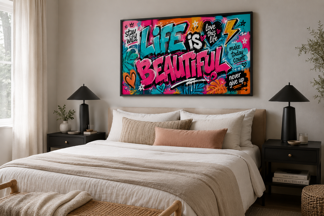 Life Is Beautiful graffiti framed canvas wall art above a bed in a modern bedroom.