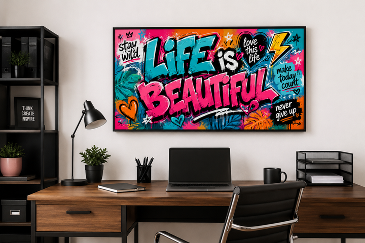 Colorful Life Is Beautiful graffiti canvas wall art above a modern desk in a home office.