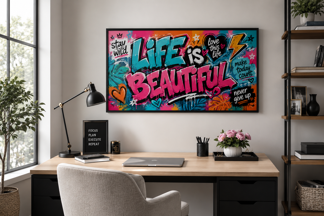 Life Is Beautiful graffiti framed canvas wall art above a modern desk in a woman's office.
