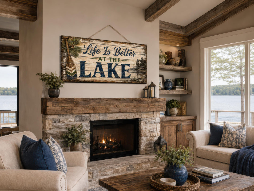 Rustic wood wall art with 'Life Is Better At The Lake' text hanging above a stone fireplace.