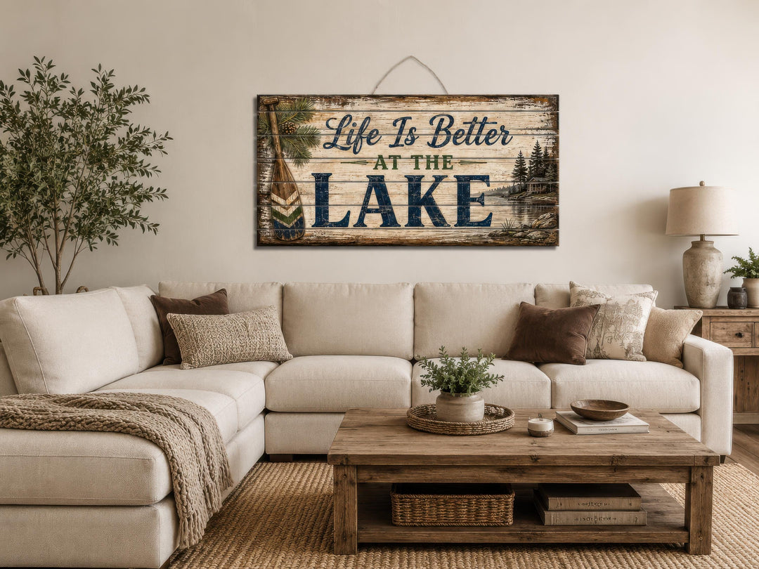 Rustic wood wall art with 'Life Is Better At The Lake' text above a neutral sectional sofa.