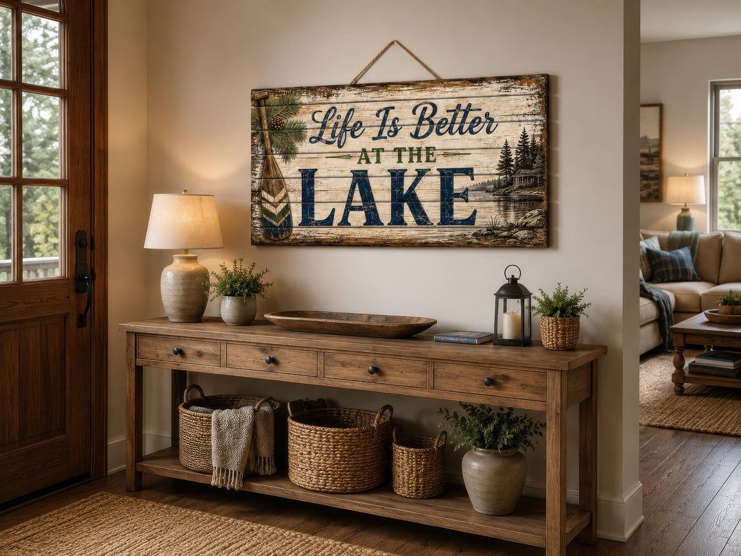Rustic wood wall art with "Life Is Better AT THE LAKE" text above a wooden console table.