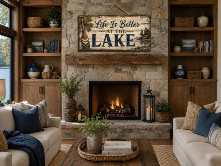 Rustic wood wall art with 'Life Is Better At The Lake' text hanging above a stone fireplace.
