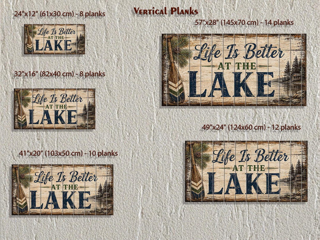 Five sizes of rustic wood wall art featuring 'Life Is Better At The Lake' text and lake scenery.