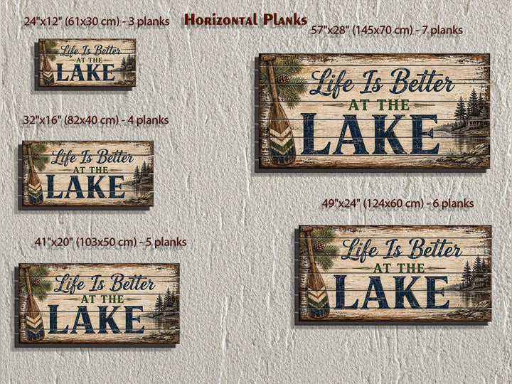 Five sizes of rustic wood wall art signs reading 'Life Is Better At The Lake' with an oar and trees.