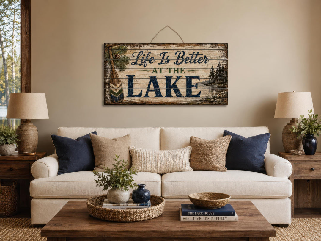 Rustic wood wall art with "Life Is Better At The Lake" text above a sofa in a lake house living room.