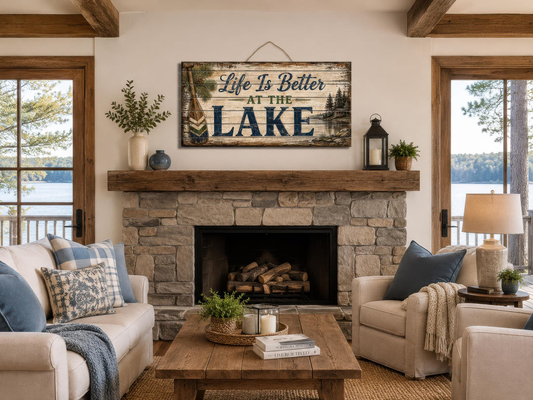 Rustic wood wall art with 'Life Is Better At The Lake' text hanging above a stone fireplace.