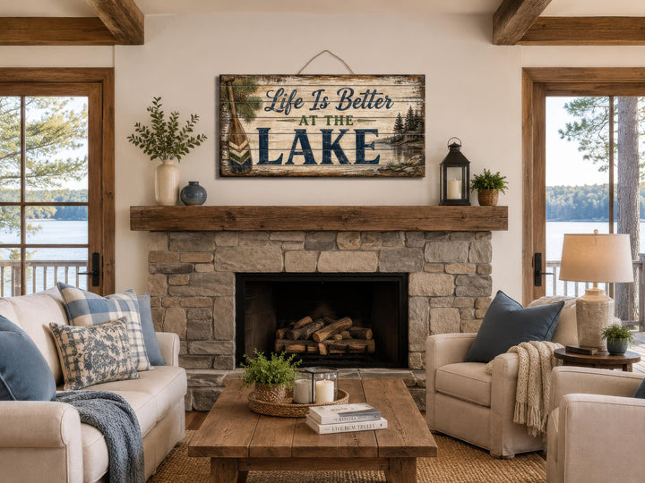 Rustic wood wall art with 'Life Is Better At The Lake' text hanging above a stone fireplace.