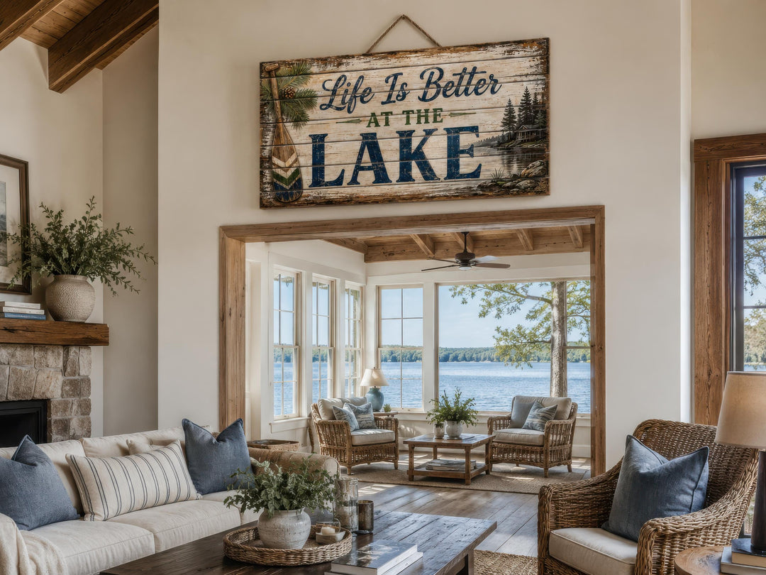 Rustic distressed wood wall art with 'Life Is Better AT THE LAKE' text in a cozy lake house room.