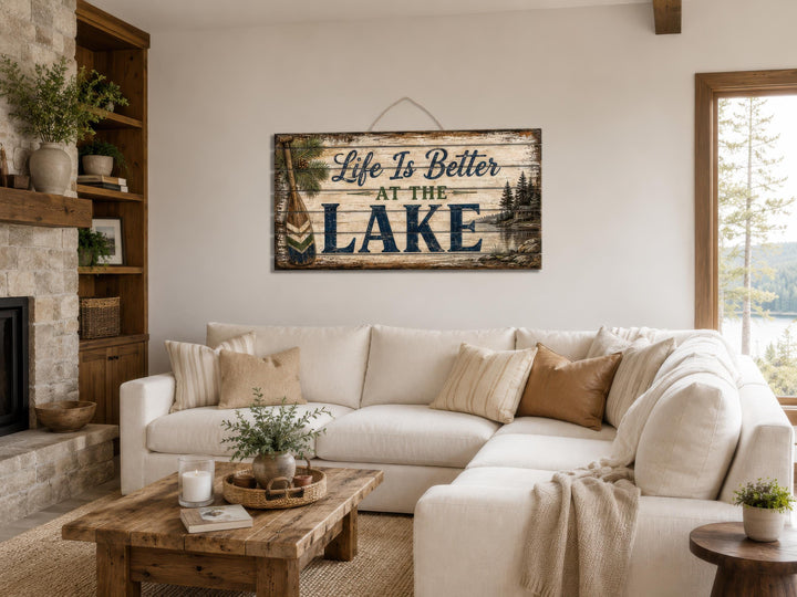 Rustic wood wall art with 'Life Is Better At The Lake' text hanging above a white sectional sofa.