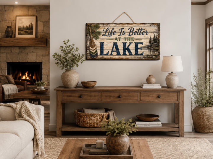 Rustic wood wall art with 'Life Is Better At The Lake' text hanging above a wooden console table.