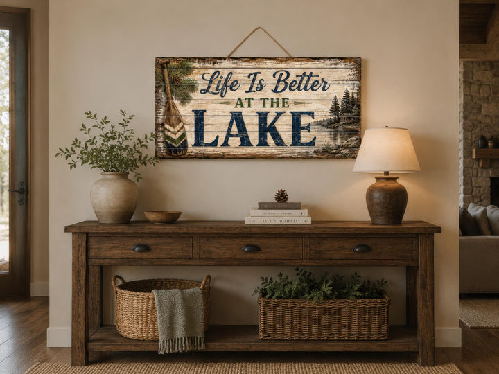 Rustic wood wall art with 'Life Is Better At The Lake' text above a console table with decor.