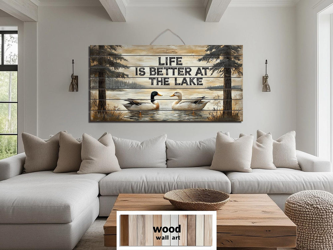 Life Is Better At The Lake Sign With Ducks Distressed Wood Wall Art