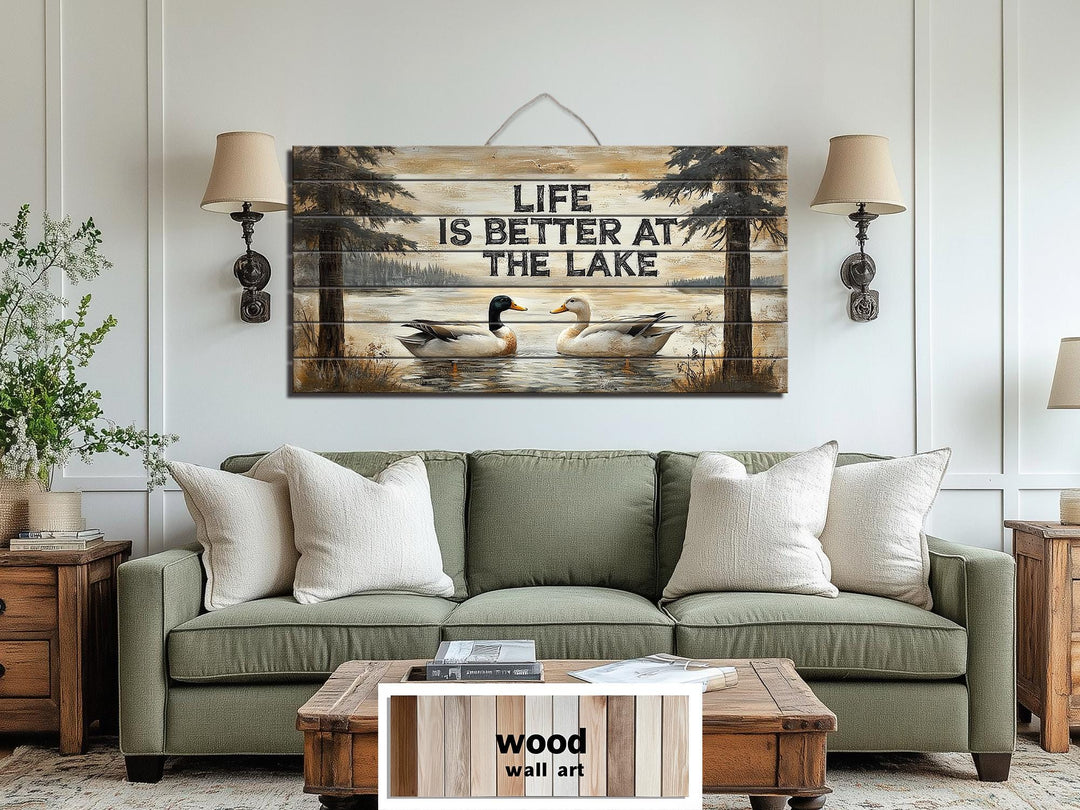 Life Is Better At The Lake Sign With Ducks Distressed Wood Wall Art