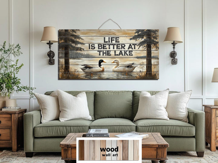 Life Is Better At The Lake Sign With Ducks Distressed Wood Wall Art