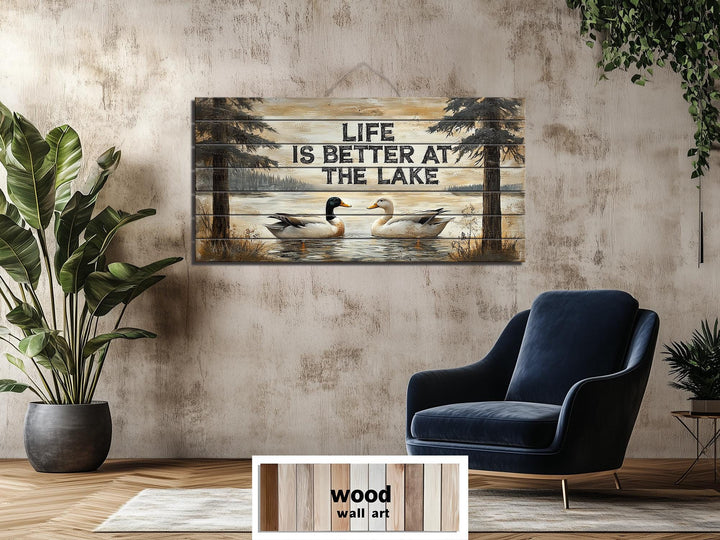 Life Is Better At The Lake Sign With Ducks Distressed Wood Wall Art