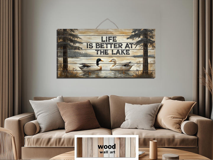 Life Is Better At The Lake Sign With Ducks Distressed Wood Wall Art