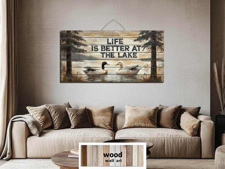 Life Is Better At The Lake Sign With Ducks Distressed Wood Wall Art