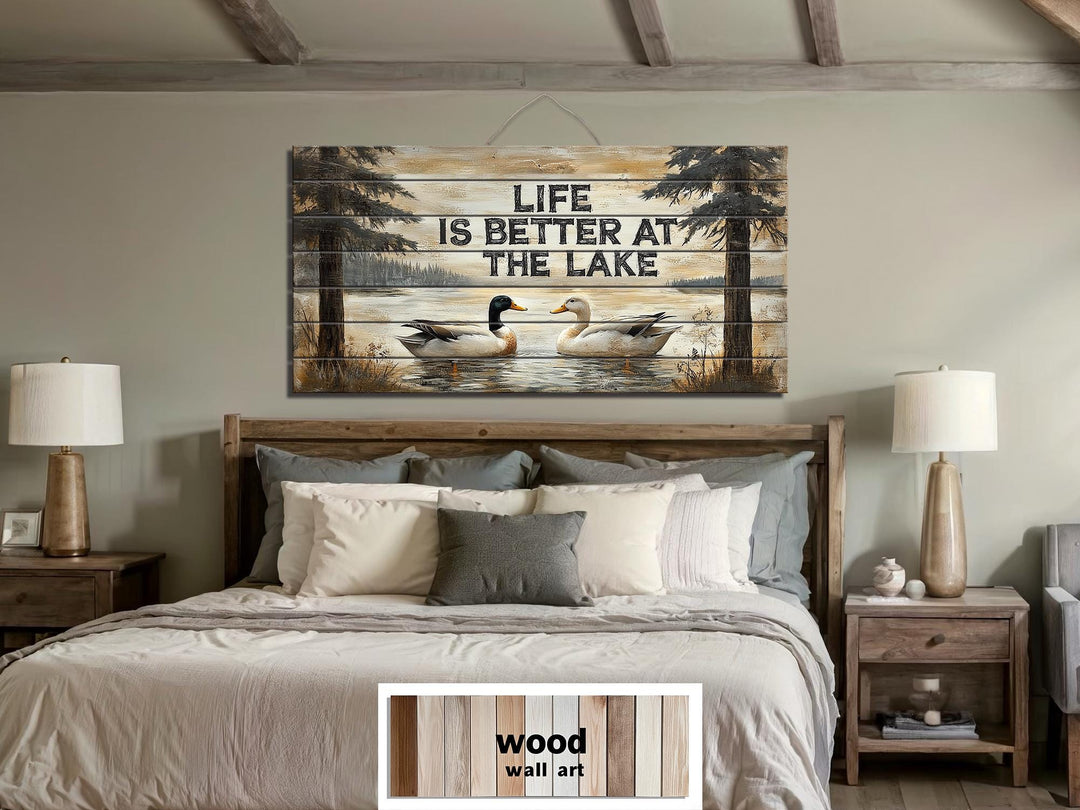 Life Is Better At The Lake Sign With Ducks Distressed Wood Wall Art