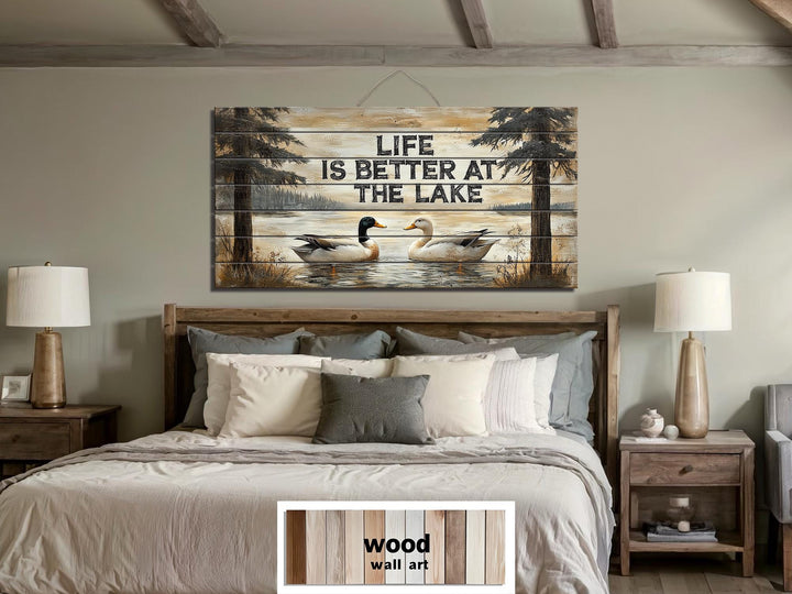 Life Is Better At The Lake Sign With Ducks Distressed Wood Wall Art
