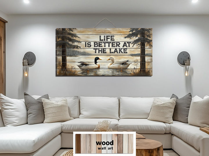 Life Is Better At The Lake Sign With Ducks Distressed Wood Wall Art