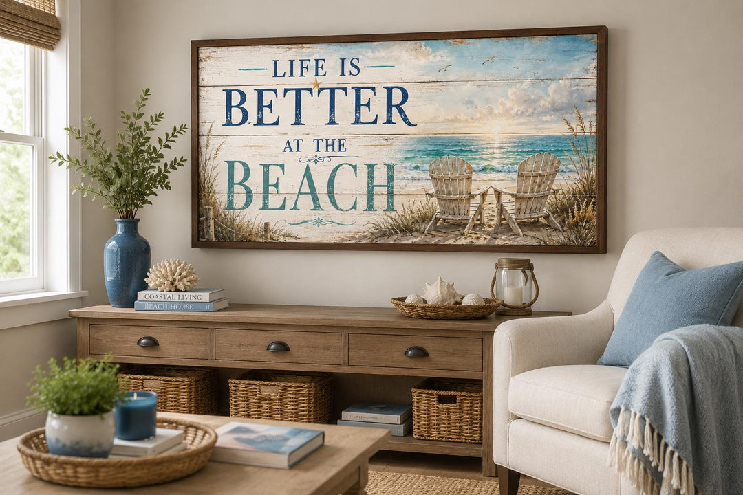 Life Is Better at the Beach canvas wall art with two beach chairs facing a sunset ocean scene.