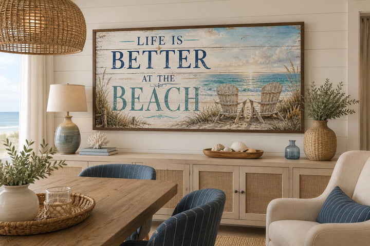 Life Is Better at the Beach canvas sign with two chairs on a shore in a coastal living room.