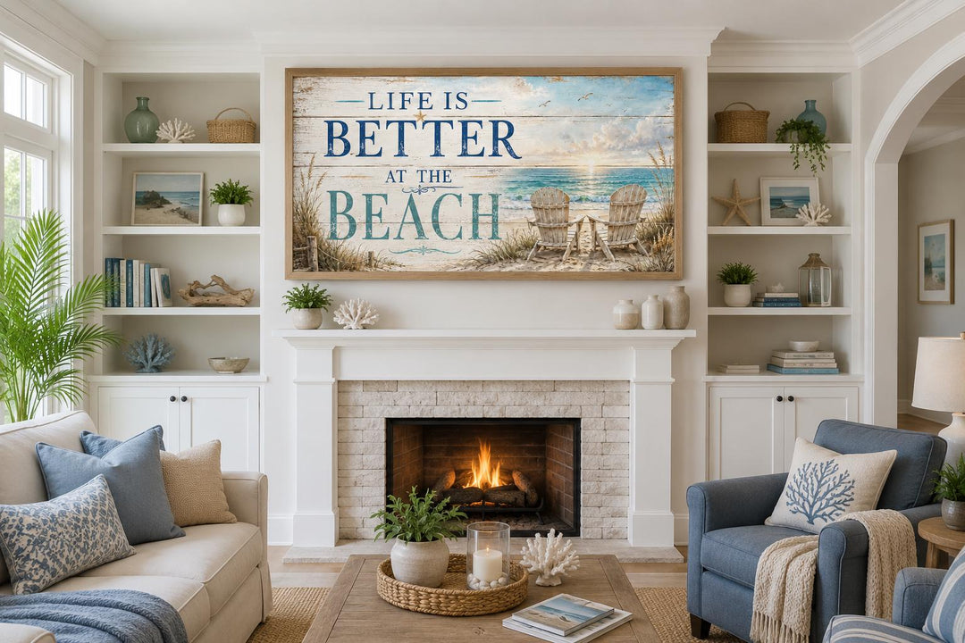 Life Is Better at the Beach canvas wall art above a fireplace in a coastal living room.