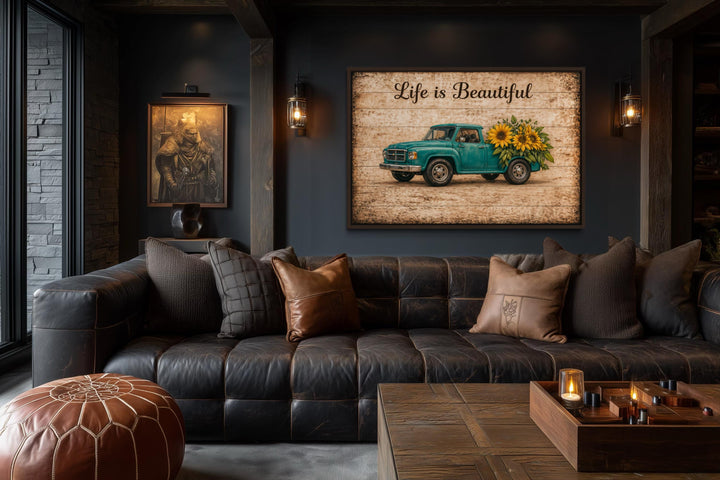 Life is Beautiful canvas wall art featuring a vintage teal farm truck and sunflowers in a room.