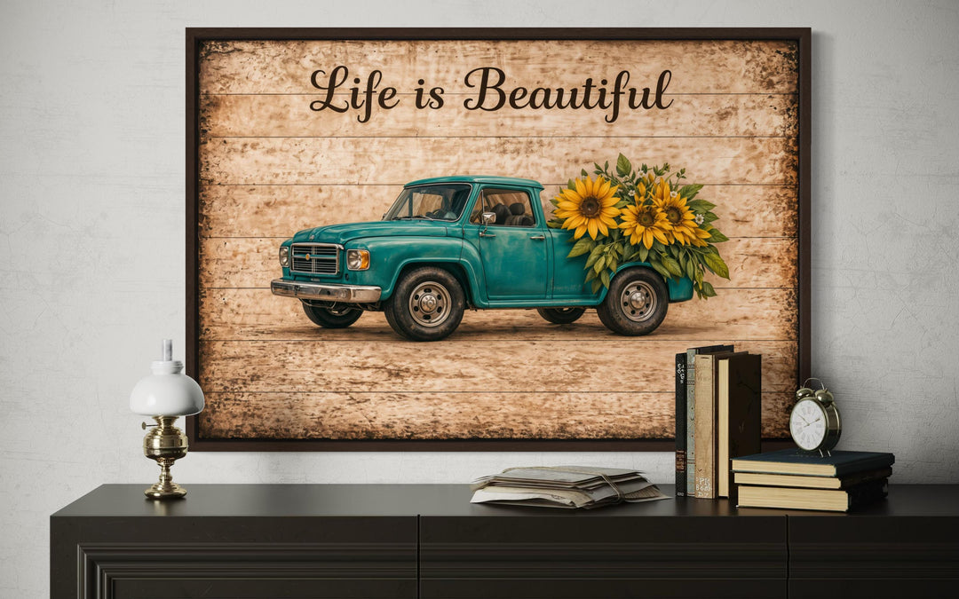 Framed canvas wall art featuring a vintage teal truck with sunflowers and Life is Beautiful text.