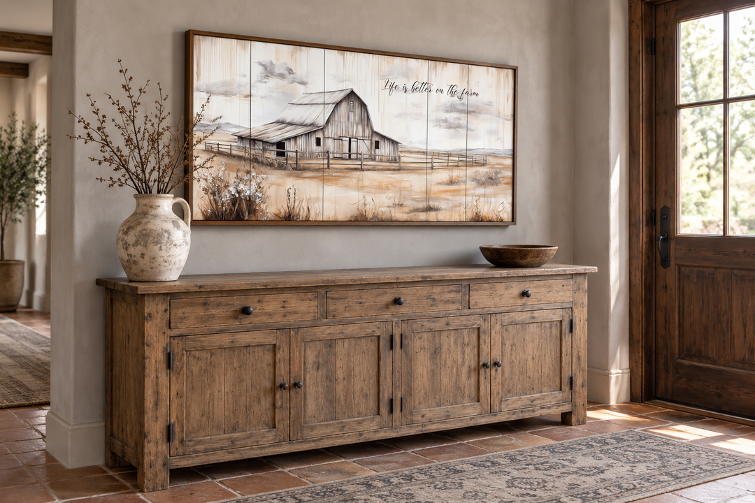 Rustic farmhouse canvas wall art featuring a barn and 'Life is better on the farm' text.