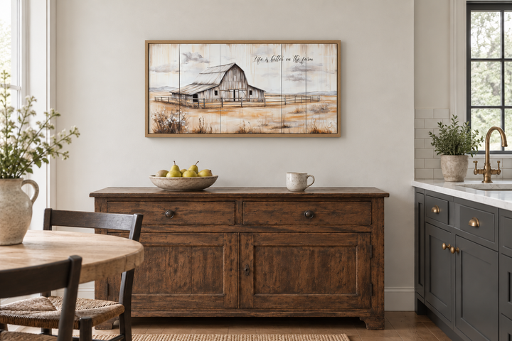 Rustic farmhouse canvas wall art featuring a weathered barn and Life Is Better On The Farm text.