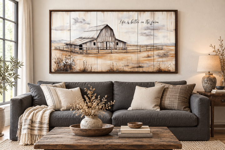 Rustic farmhouse canvas wall art featuring a weathered barn and "Life is Better on the Farm" text.