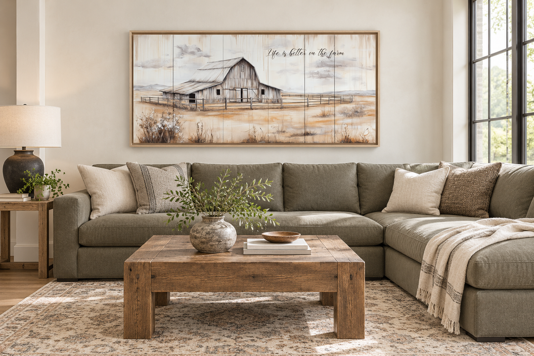 Rustic farmhouse canvas wall art featuring a barn and 'Life is Better on the Farm' text.