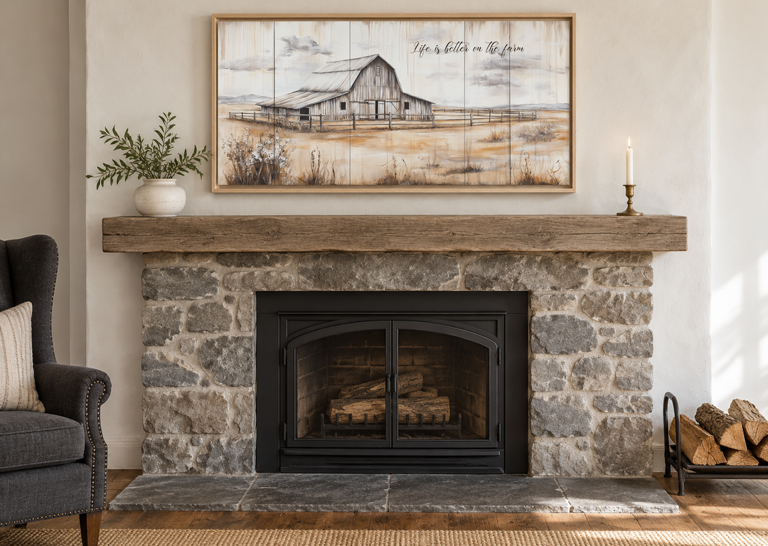Rustic farmhouse canvas wall art featuring a barn and 'Life is Better on the Farm' text.