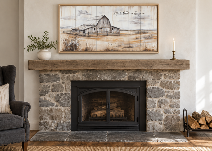 Rustic farmhouse canvas wall art featuring a barn and 'Life is Better on the Farm' text.
