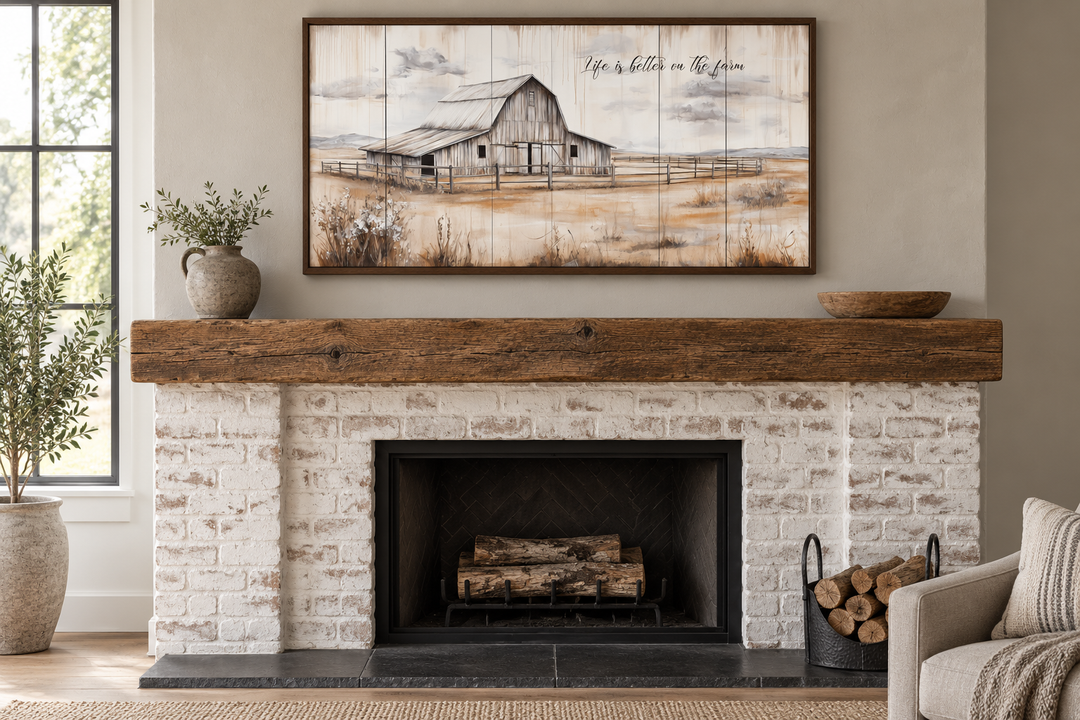 Rustic farmhouse canvas wall art of a weathered barn above a white brick fireplace mantel.
