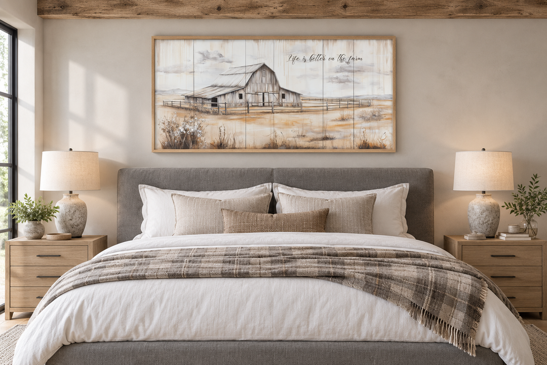 Rustic farmhouse canvas wall art featuring a barn and 'Life is Better on the Farm' text over a bed.