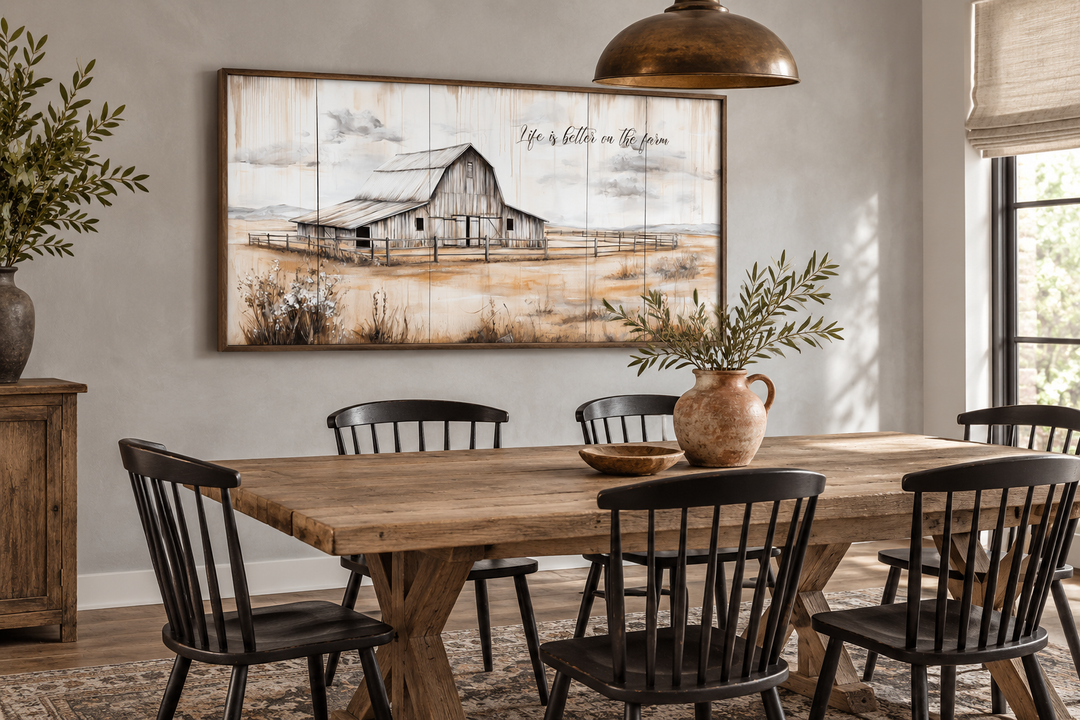 Rustic farmhouse canvas wall art featuring a barn and 'Life is Better on the Farm' text.
