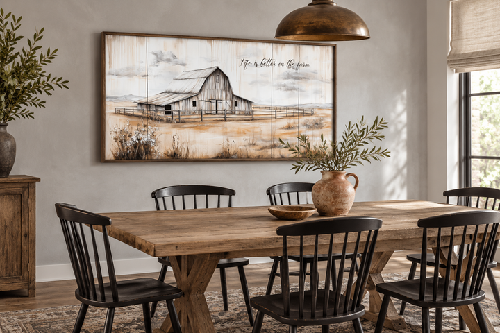Rustic farmhouse canvas wall art featuring a barn and 'Life is Better on the Farm' text.