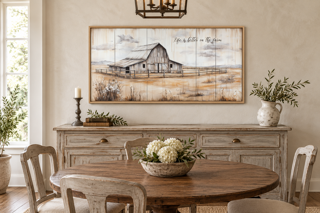 Rustic farmhouse canvas wall art featuring a weathered barn and 'Life is better on the farm' text.