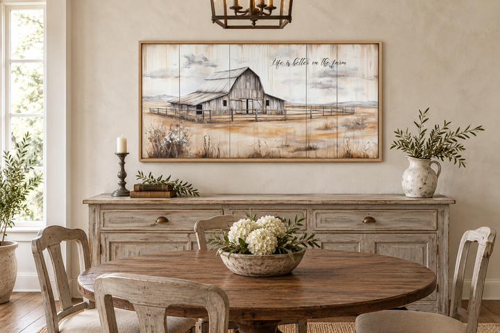Rustic farmhouse canvas wall art featuring a weathered barn and 'Life is better on the farm' text.