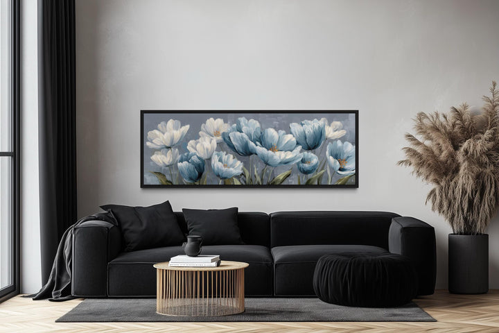 Décoration murale horizontale longue avec fleurs abstraites bleu clair
